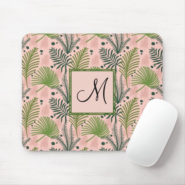 Botanical Tropical Leaves Monogram Pink Custom Mouse Pad (With Mouse)