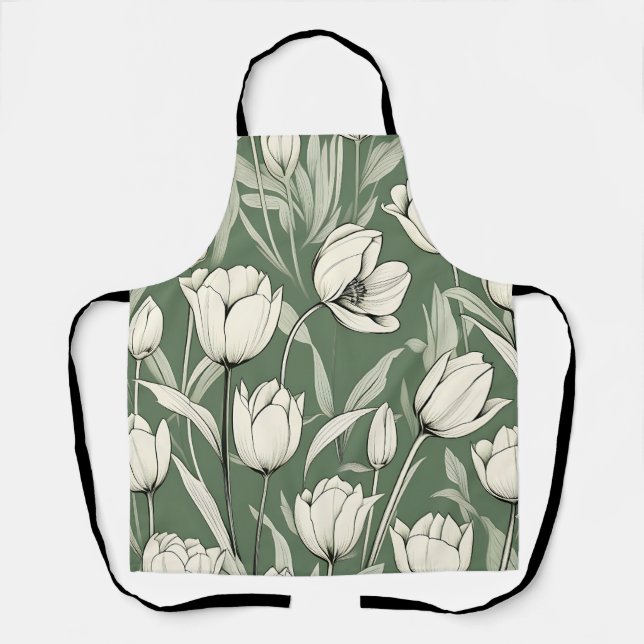 Botanical Tulip On Sage Green Apron (Front)