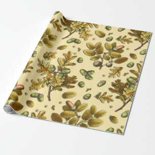 Botanical Vintage Brown Cream Oak Leaves Acorns Wrapping Paper