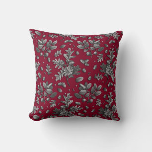 Botanical Vintage Burgundy Grey Oak Leaves Acorns Throw Pillow