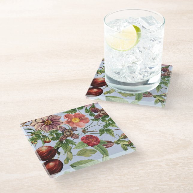 Botanical vintage design glass coaster (Angled)