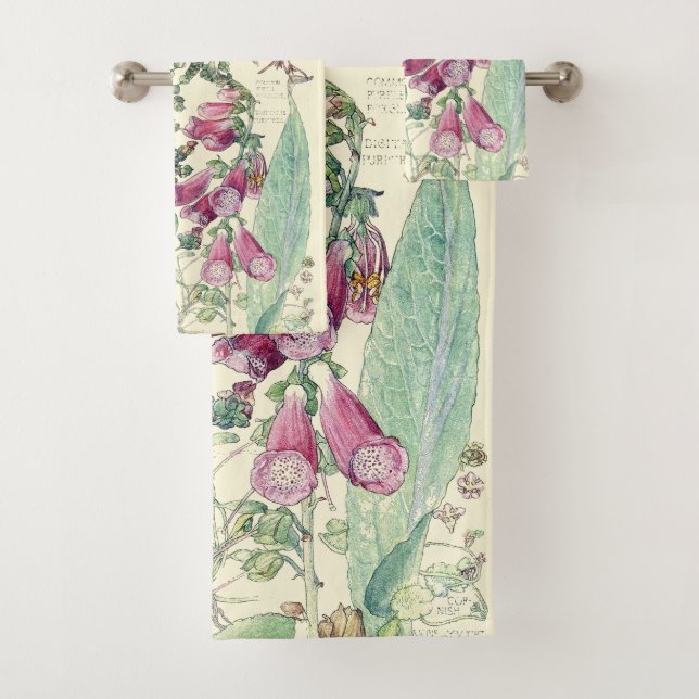 Botanical Vintage Foxglove Flowers Bath Towel Set (Insitu)