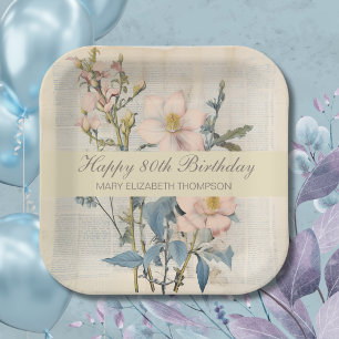  Botanical Vintaqe Wildflower 80th Birthday Paper Plate