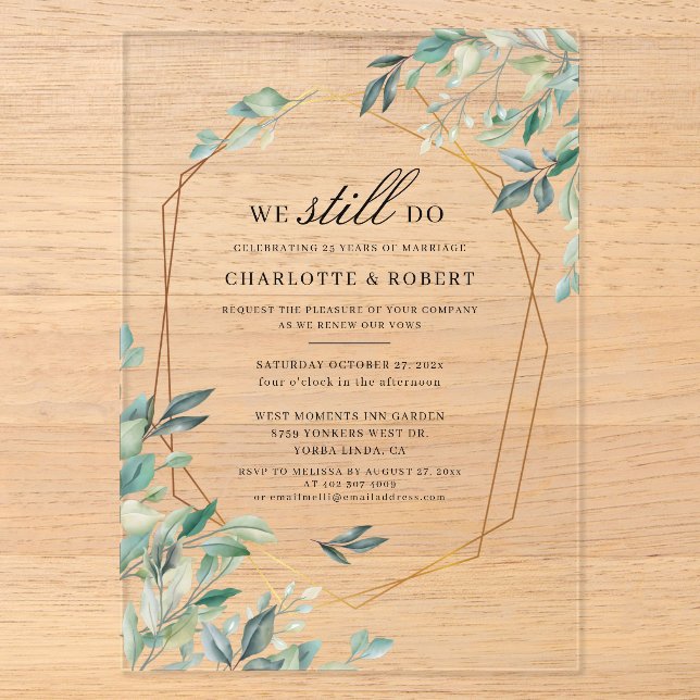 Botanical Vow Renewal Eucalyptus Wedding Acrylic Invitations (Front)