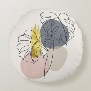 Botanical wall art set. Golden foliage line art dr Round Pillow