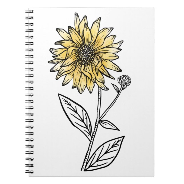 Botanical watercolor aesthetic line art sunflower  notebook (Front)