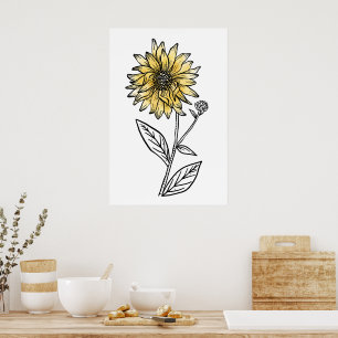 Botanical watercolor aesthetic line art sunflower poster
