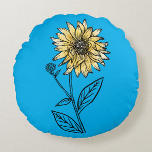 Botanical watercolor aesthetic line art sunflower round pillow