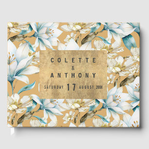 Botanical watercolor blue white gold lily floral guest book