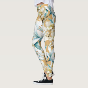 Botanical watercolor blue white gold lily floral leggings