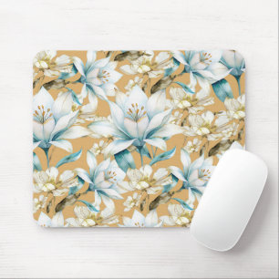 Botanical watercolor blue white gold lily floral mouse pad