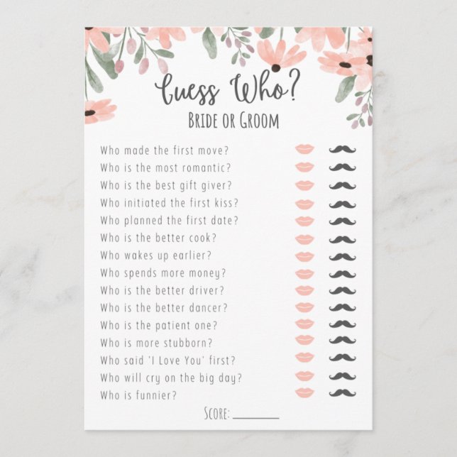 Botanical Watercolor Bridal Shower Guess Who Game Program (Front)