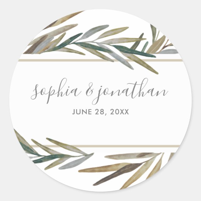 Botanical Watercolor Bride Groom Name Wedding Classic Round Sticker (Front)