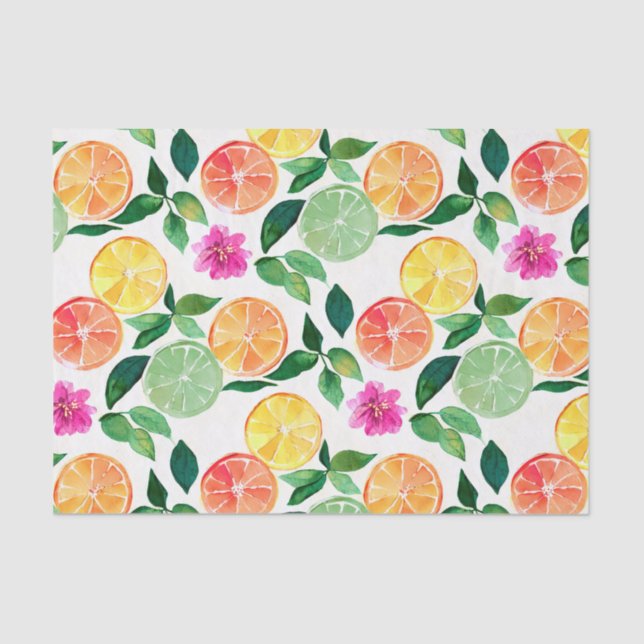 Botanical Watercolor Citrus Floral Pattern Tissue Paper (Front)