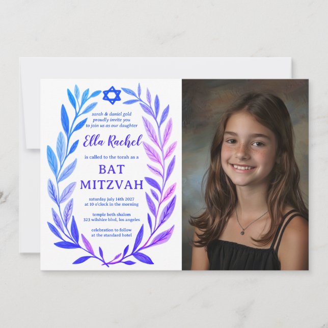 Botanical Watercolor CUSTOM PHOTO Bat Bar Mitzvah Invitation (Front)