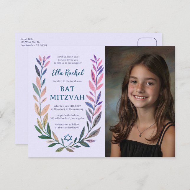 Botanical Watercolor CUSTOM PHOTO Bat Bar Mitzvah Postcard (Front/Back)