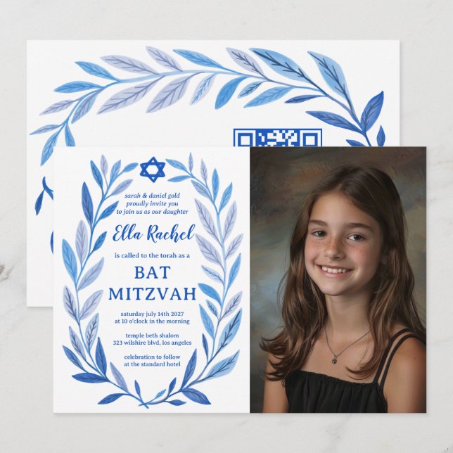 Botanical Watercolor CUSTOM PHOTO QR Bat Mitzvah Invitation (Front/Back)