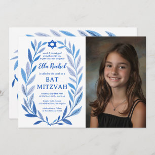 Botanical Watercolor CUSTOM PHOTO QR Bat Mitzvah Invitation