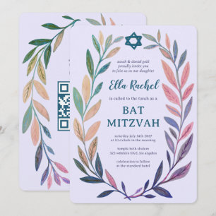 Botanical Watercolor CUSTOM QR Bar Bat Mitzvah Invitation