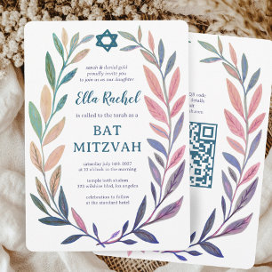 Botanical Watercolor CUSTOM QR Bar Bat Mitzvah Invitation