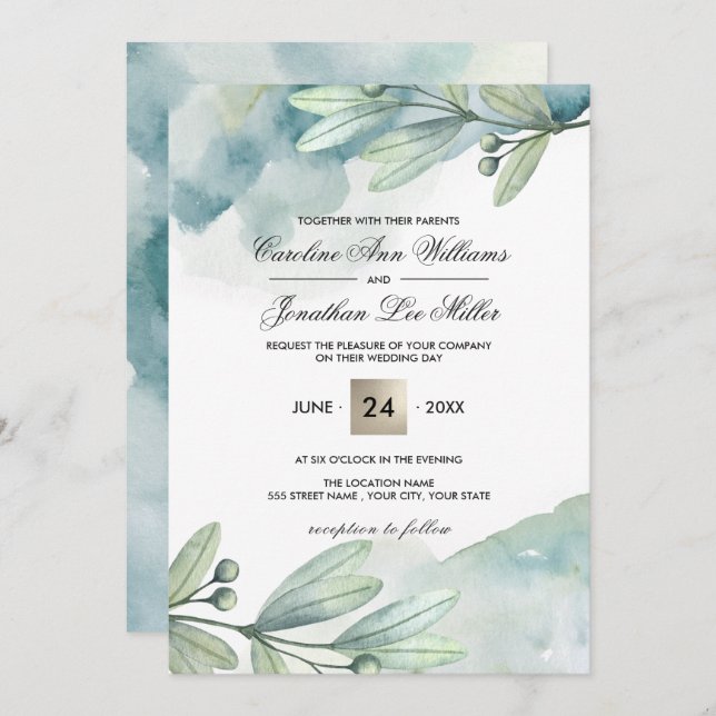 Botanical Watercolor Custom Wedding Invitations (Front/Back)