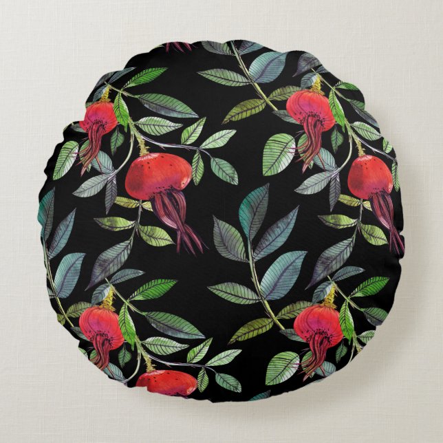 Botanical watercolor drawing dogrose pattern. Brig Round Pillow (Front)