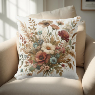 Botanical Watercolor Earthy Autumn Florals Throw Pillow