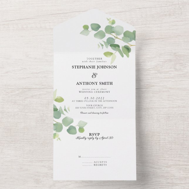 Botanical Watercolor Eucalyptus Leaves Wedding All In One Invitation (Inside)