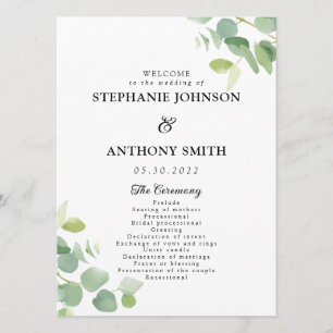 Botanical Watercolor Eucalyptus Leaves Wedding Program