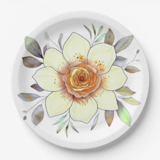 Botanical Watercolor Flower Painting With Foliage Paper Plate