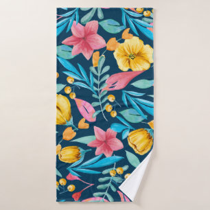 Botanical watercolor: flowers, leaves ornament. bath towel