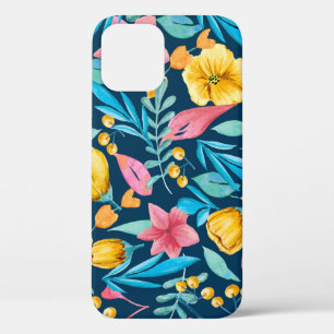 Botanical watercolor: flowers, leaves ornament. iPhone 12 case