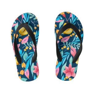 Botanical watercolor: flowers, leaves ornament. kid's flip flops