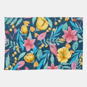Botanical watercolor: flowers, leaves ornament. kitchen towel
