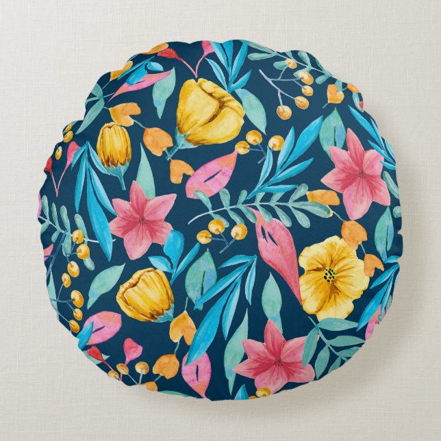 Botanical watercolor: flowers, leaves ornament. round pillow (Front)