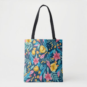 Botanical watercolor: flowers, leaves ornament. tote bag