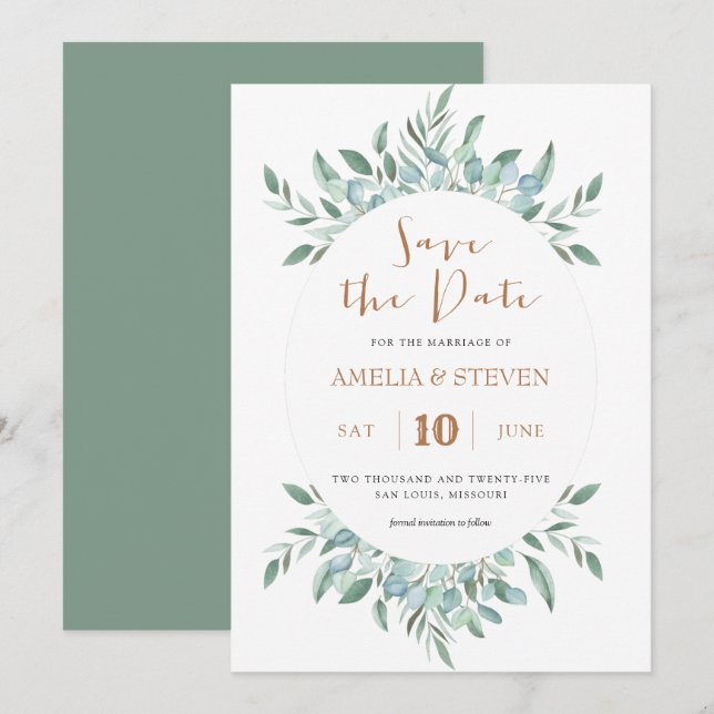 Botanical watercolor foliage save the date card (Front/Back)