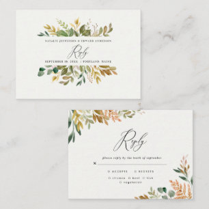 Botanical watercolor green gold fall modern reply card