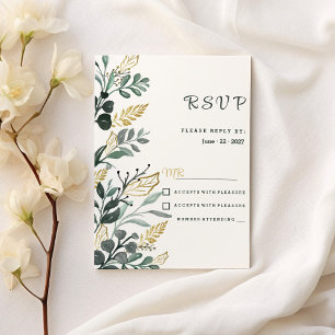 Botanical watercolor green gold greenery  RSVP Invitation
