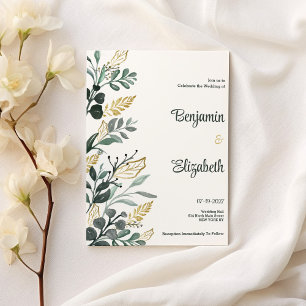 Botanical watercolor green gold greenery Wedding Invitation