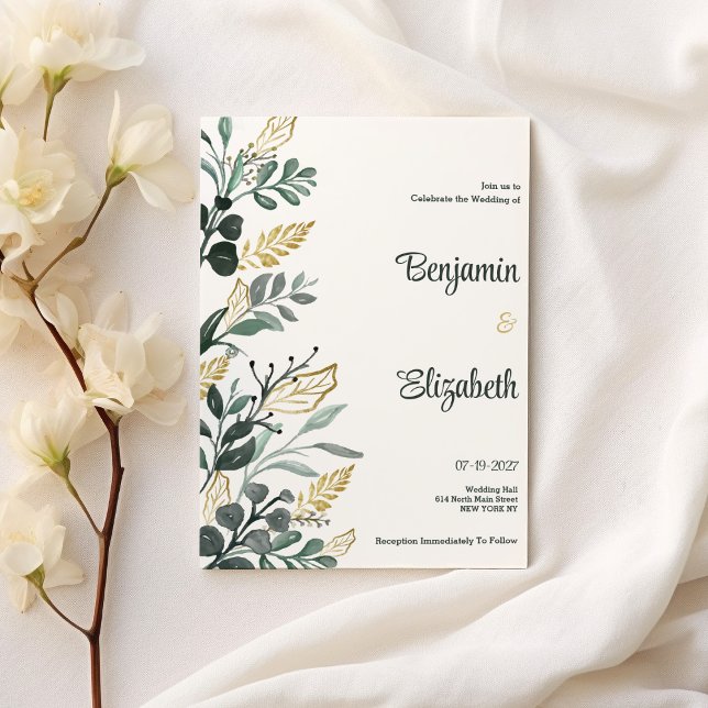 Botanical watercolor green gold greenery Wedding Invitation (Botanical watercolor green gold greenery Wedding )