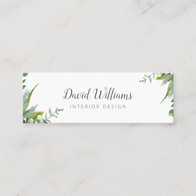 Botanical watercolor green leaves mini business card (Front)