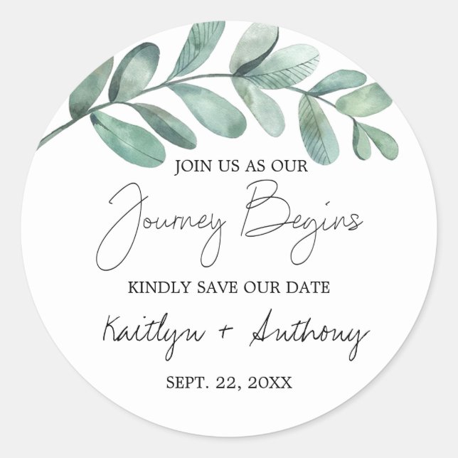 Botanical Watercolor Greenery Eucalyptus Classic R Round Sticker (Front)