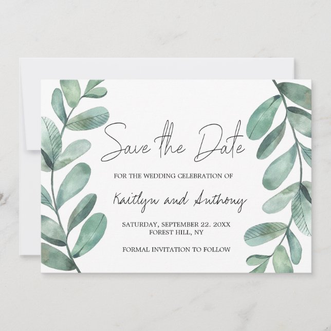 Botanical Watercolor Greenery Eucalyptus Save The Date (Front)