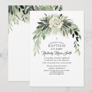 Botanical Watercolor Greenery Garland Baptism Invitation