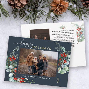 Botanical Watercolor Greenery Photo Slate Blue Holiday Card