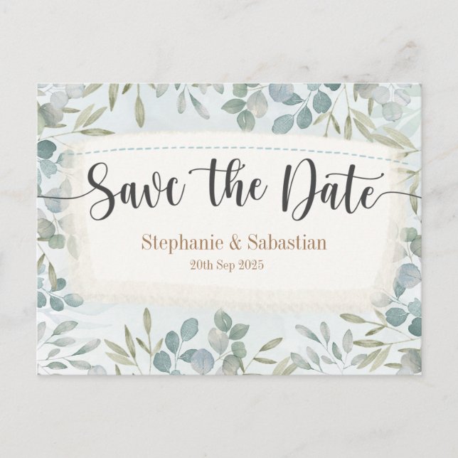Botanical Watercolor Greenery Save the Date Announcement Postcard (Front)