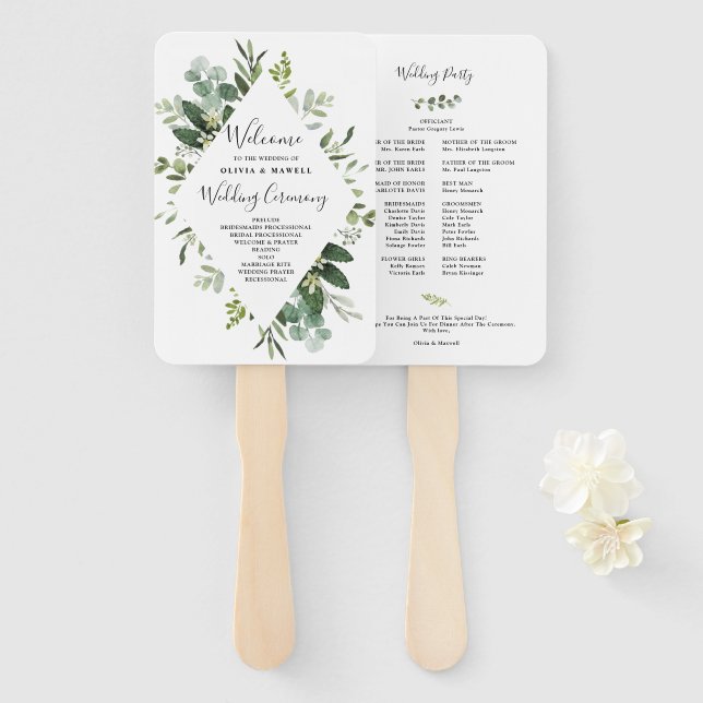 Botanical Watercolor Greenery Wedding Program Fan (Front and Back)