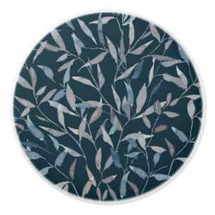 Botanical watercolor grey blue leaves on dark blue ceramic knob
