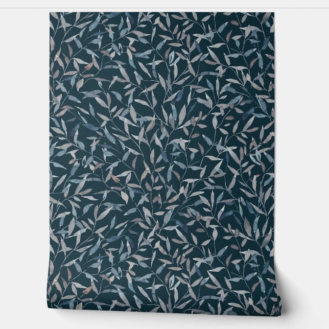 Botanical watercolor grey blue leaves on dark blue wallpaper (Unrolling)